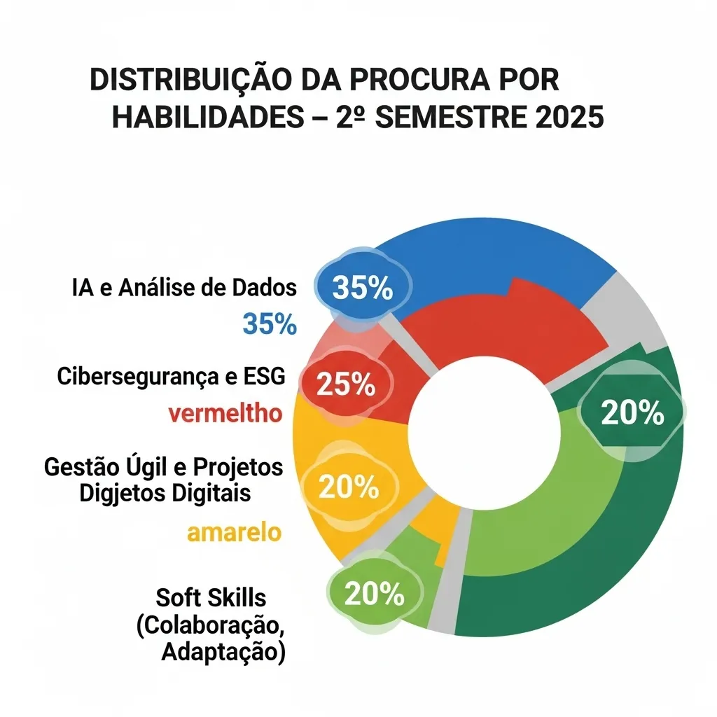 Mercado de Trabalho: O Que Esperar para o Segundo Semestre de 2025? 4 Gráfico de distribuição da procura por habilidades no mercado de trabalho para o segundo semestre de 2025, mostrando a liderança de IA e Análise de Dados.