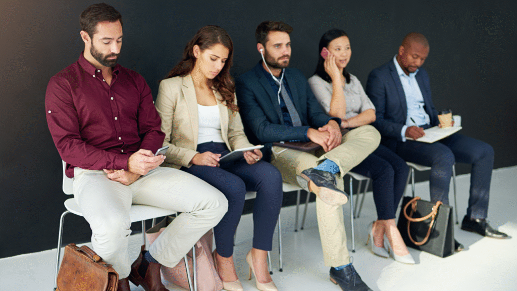 Mercado de Trabalho: O Que Esperar para o Segundo Semestre de 2025? 3 Pessoas em uma sala de espera para entrevistas de emprego, representando a busca por novas oportunidades no mercado de trabalho em 2025.